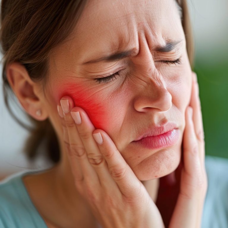 A woman holds her cheek while suffering from a toothache, depicting the discomfort and pain experienced during dental issues, emphasizing the need for oral health care and treatment.